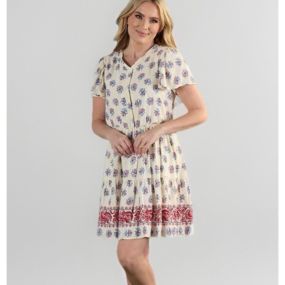 Cracker Barrel Floral Block Print Dress L Lined Boho Cottagecore Rayon